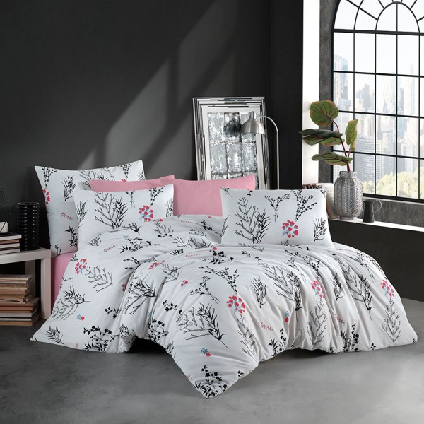 Lenjerie de pat bumbac 100% ranforce cu design floral negru și roz pe fundal alb