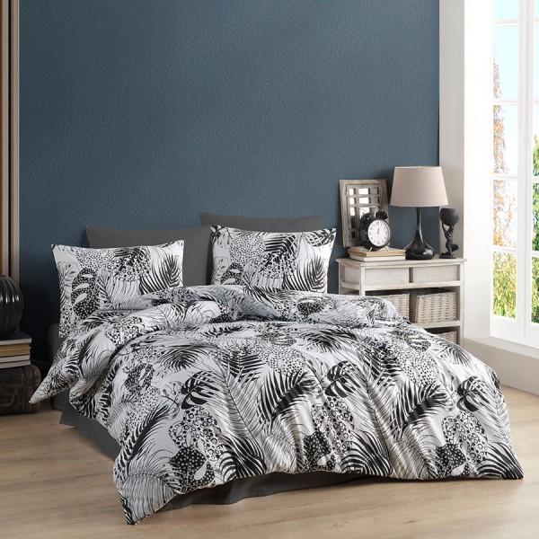 Lenjerie de pat bumbac 100% ranforce cu design exotic alb-negru cu frunze și leopard