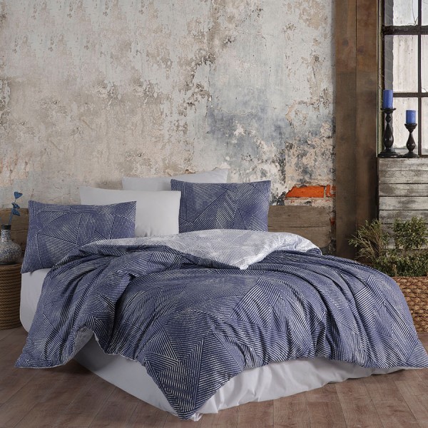 Lenjerie de pat bumbac 100% ranforce cu design geometric albastru și alb