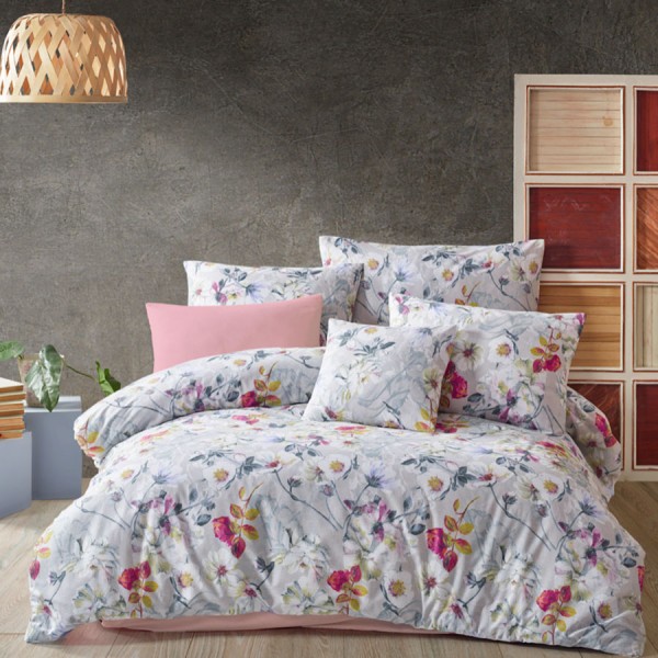 Lenjerie de pat bumbac 100% ranforce cu design floral colorat în roz, galben și verde pe fundal alb