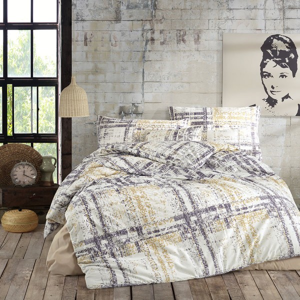 Lenjerie de pat bumbac 100% ranforce cu design abstract în nuanțe de gri și auriu pe fundal alb