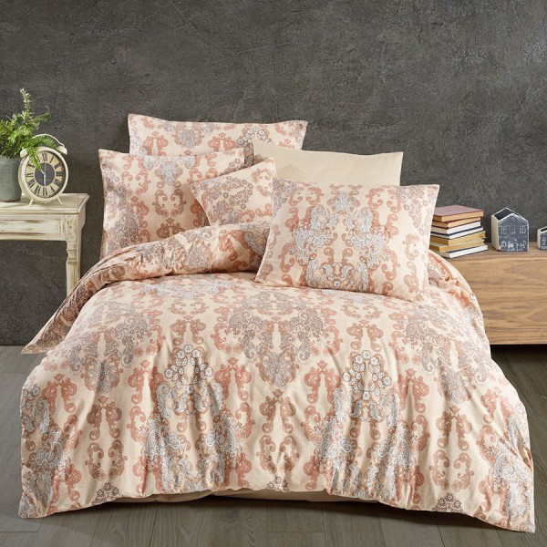 Lenjerie de pat bumbac 100% ranforce cu design baroc bej și crem