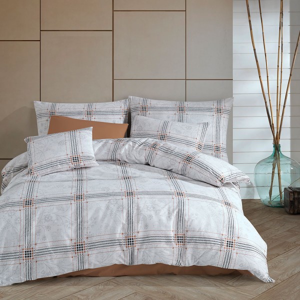 Lenjerie de pat bumbac 100% ranforce cu design de carouri gri și portocaliu pe fundal alb