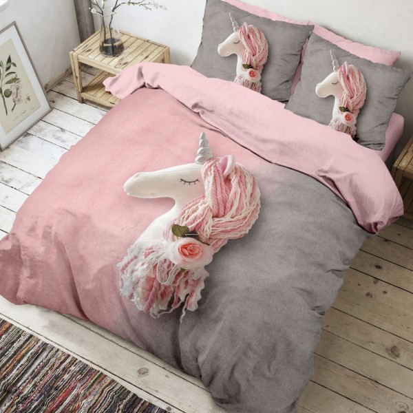 Lenjerie de pat dublu bumbac 100% ranforce Sweety roz-gri cu design unicorn și flori