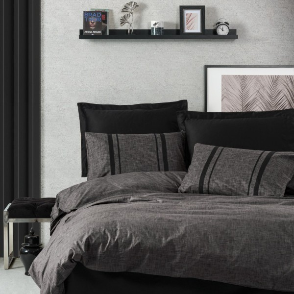 Lenjerie de pat dublu bumbac 100% ranforce Cottonbox Bitter, design modern minimalist în antracit cu detalii negre.