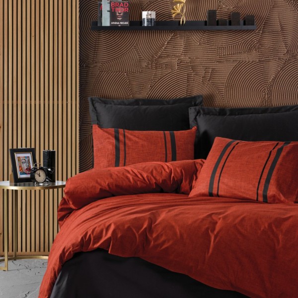 Lenjerie de pat dublu bumbac 100% ranforce Cottonbox Bitter, design modern minimalist în roșu închis cu detalii negre.