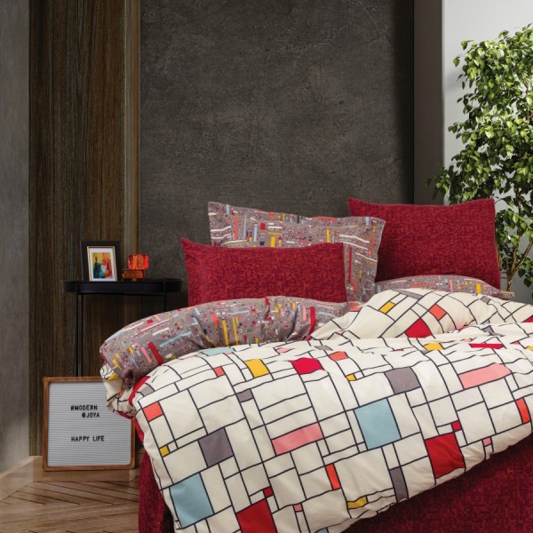 Lenjerie de pat Cottonbox, din bumbac 100% ranforce, cu model geometric în nuanțe de roșu, galben, albastru și gri