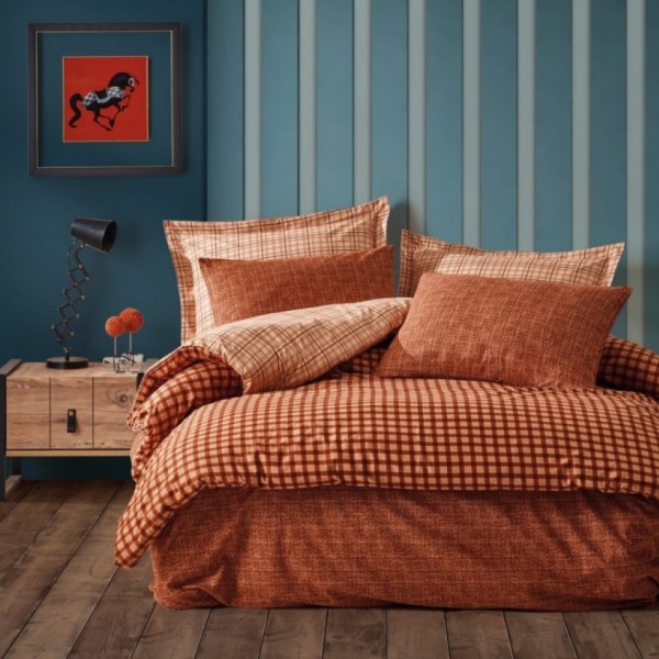 Lenjerie de pat dublu din bumbac 100% ranforce cu design rustic în carouri maro și crem