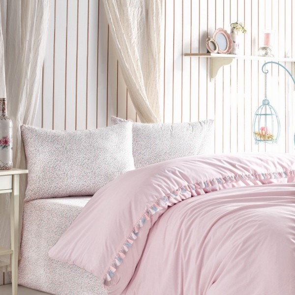 Lenjerie de pat dublu din bumbac 100% ranforce cu design floral delicat și cearșaf roz