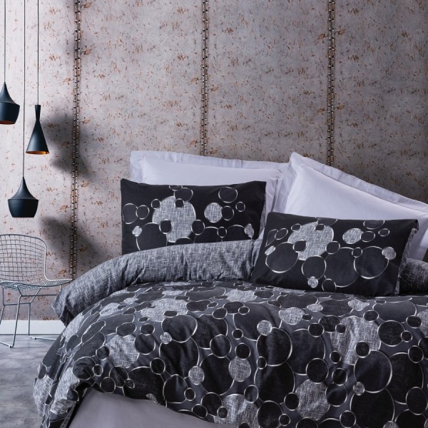 Lenjerie de pat din bumbac 100% ranforce, model Round Grey, motive circulare și abstracte în nuanțe de gri și negru