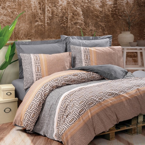 Lenjerie de pat dublu bumbac 100% ranforce Cottonbox Vertu, design geometric în antracit, bej, alb și gri.