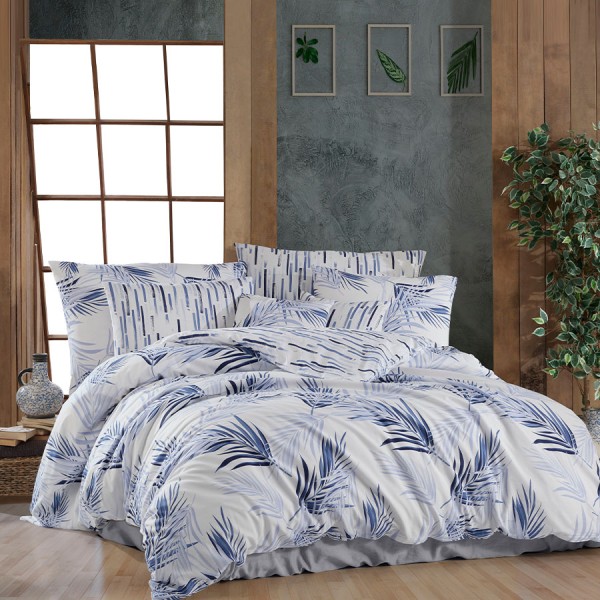 Lenjerie de pat bumbac 100% ranforce cu design frunze albastre pe fundal alb