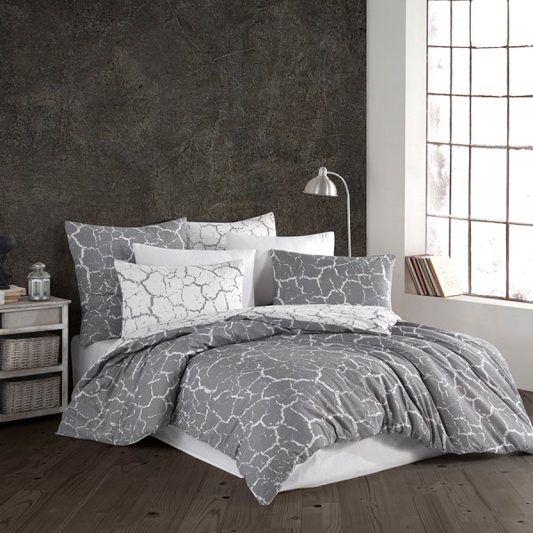 Lenjerie de pat gri cu alb, model abstract crăpături rocă, design modern