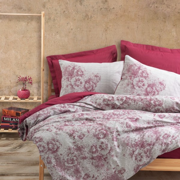 Lenjerie de pat Vilda-Claret Red cu nuanțe de roșu și gri, floricele elegante
