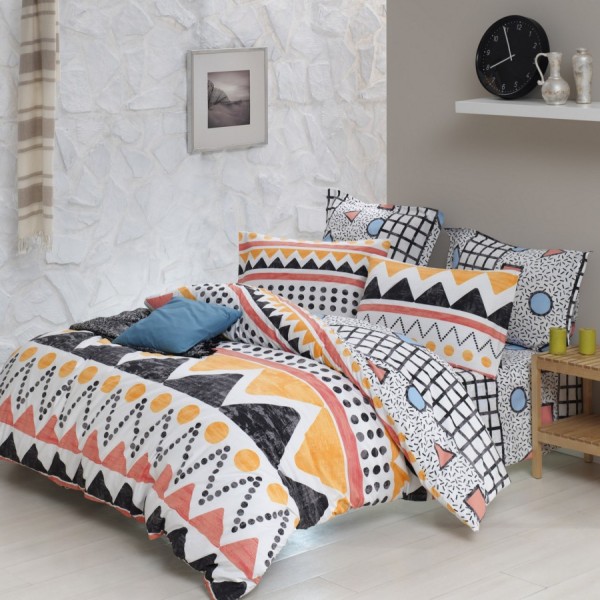Lenjerie de pat Bettina-Yellow cu nuanțe de galben, portocaliu, negru și alb, design geometric vesel