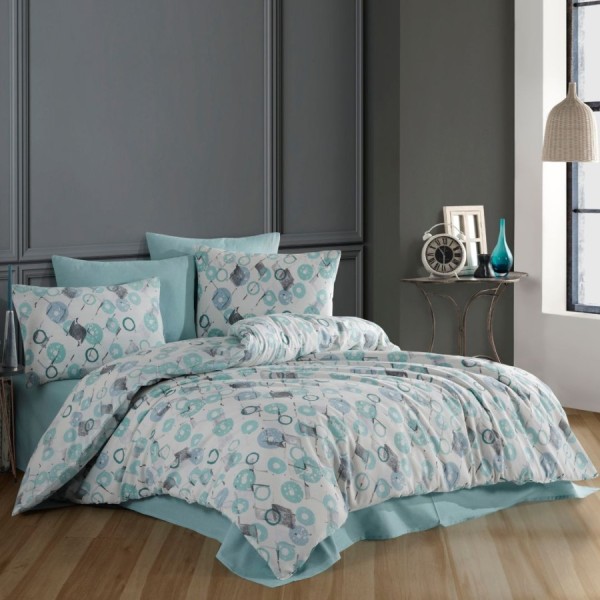 Lenjerie de pat dublu bumbac ranforce Dream Ariadne Mint cu design geometric circular în nuanțe de mint și gri deschis.