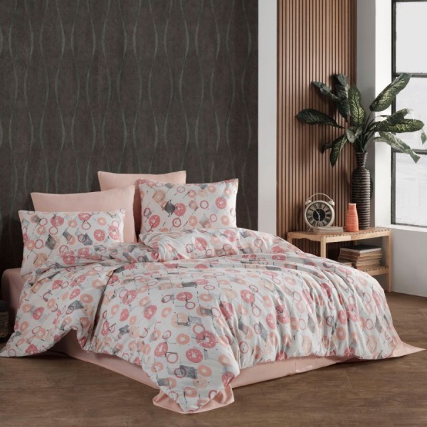 Lenjerie de pat Dream Ariadne Pudra 6 piese, bumbac ranforce, design jucăuș pudra și gri, confort și veselie pentru dormitor.