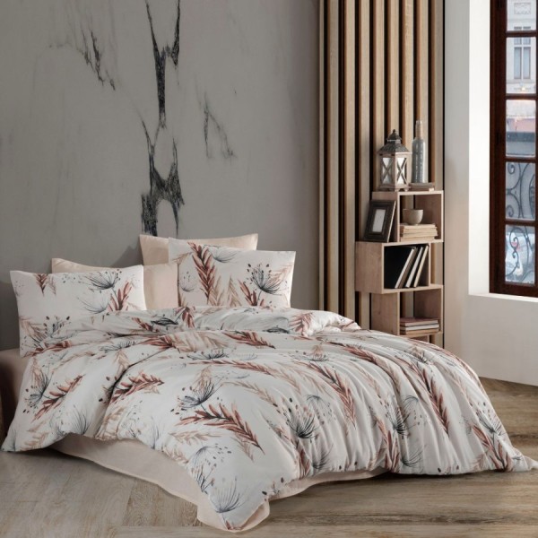 Lenjerie de pat Dream Ceila Kahve 6 piese, bumbac ranforce, design floral bej și maro, eleganță și confort pentru dormitor.