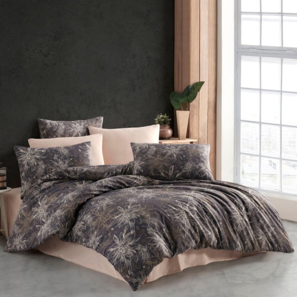 Lenjerie de pat din bumbac ranforce gri-bej cu design floral din colecția Dream