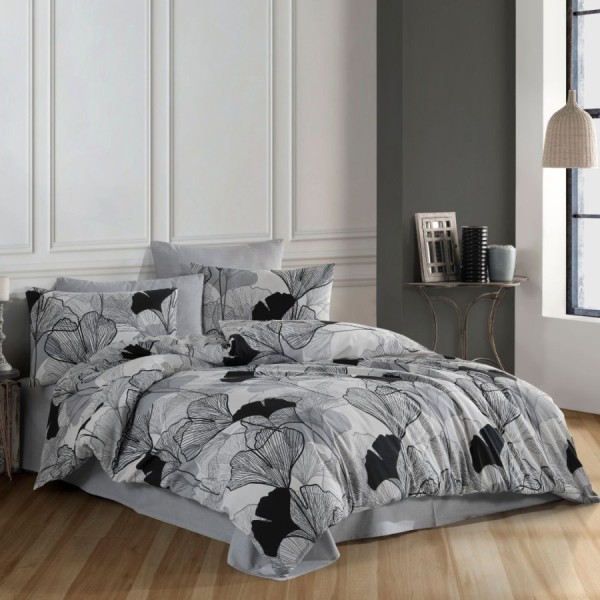 Lenjerie de pat dublu bumbac ranforce Dream Ginco cu design floral abstract în nuanțe de alb, gri și negru, set de 6 piese.