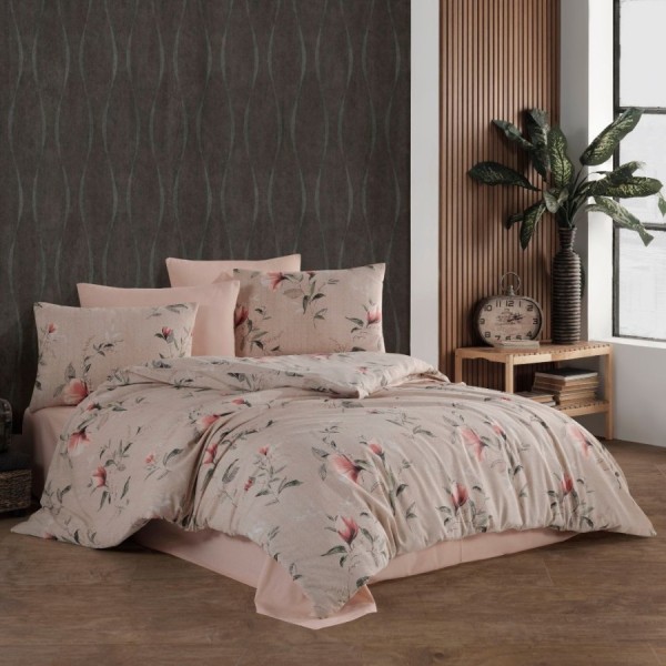 Lenjerie de pat Dream Mina, bumbac ranforce, design floral roz și verde, eleganță și confort pentru dormitor.