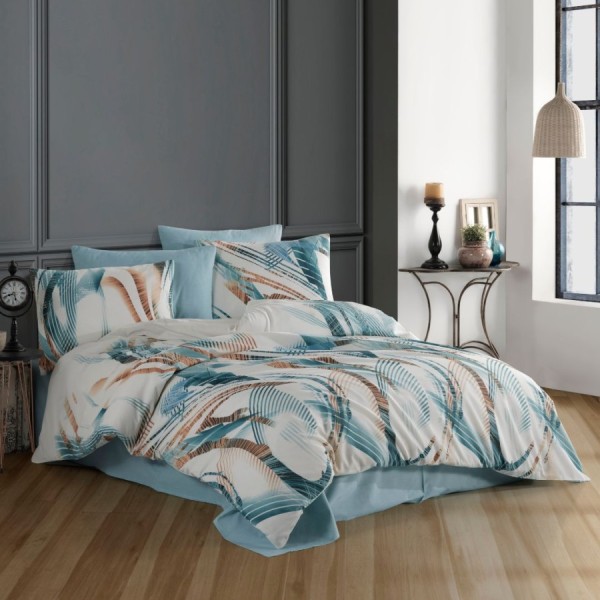 Lenjerie de pat Dream Sirus 6 piese, bumbac ranforce, design modern albastru și crem, confort și eleganță pentru dormitor.