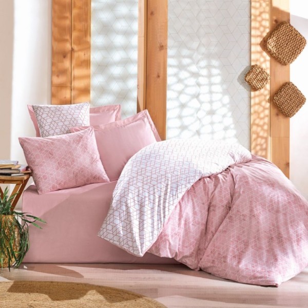 Lenjerie pat dublu Cotton Box Best Roz bumbac ranforce cu elastic 160x200 cm model geometric roz pudra
