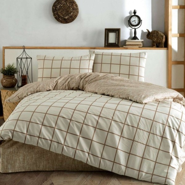 Lenjerie pat dublu bumbac ranforce cu elastic Kare bej Cozy Home cu carouri crem