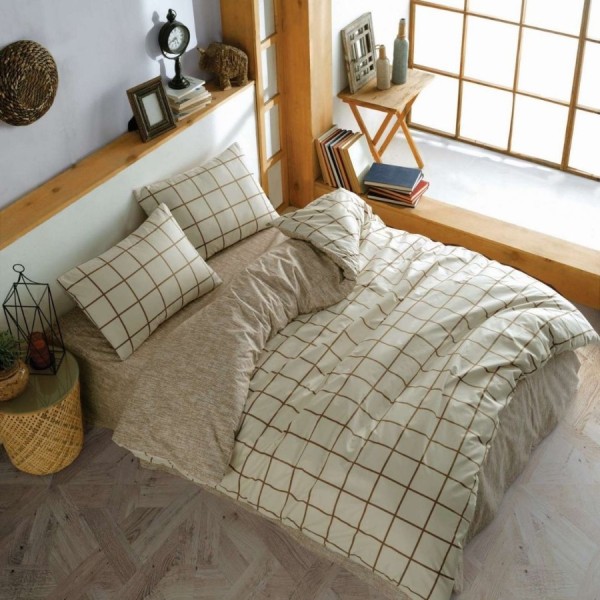 Lenjerie pat dublu bumbac ranforce cu elastic Kare bej Cozy Home cu carouri crem