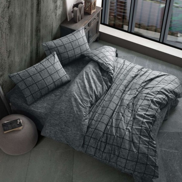 Lenjerie pat dublu bumbac ranforce cu elastic Kare negru Cozy Home cu carouri gri inchis