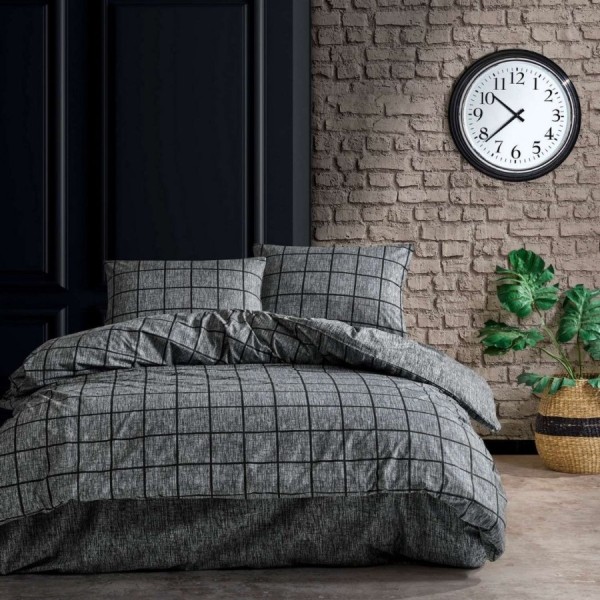Lenjerie pat dublu bumbac ranforce cu elastic Kare negru Cozy Home cu carouri gri inchis