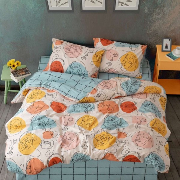 Lenjerie pat dublu bumbac ranforce cu elastic Cozy Home Modern colorata cu fete stilizate