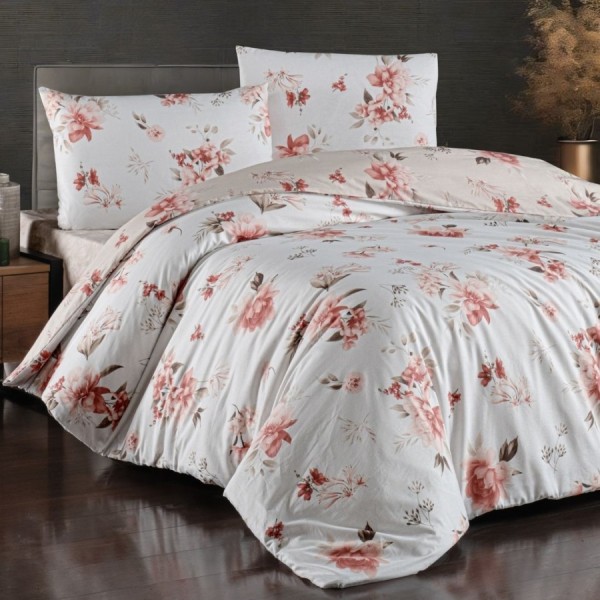 Lenjerie pat dublu bumbac 100% ranforce Eliza Mink cu flori piersica