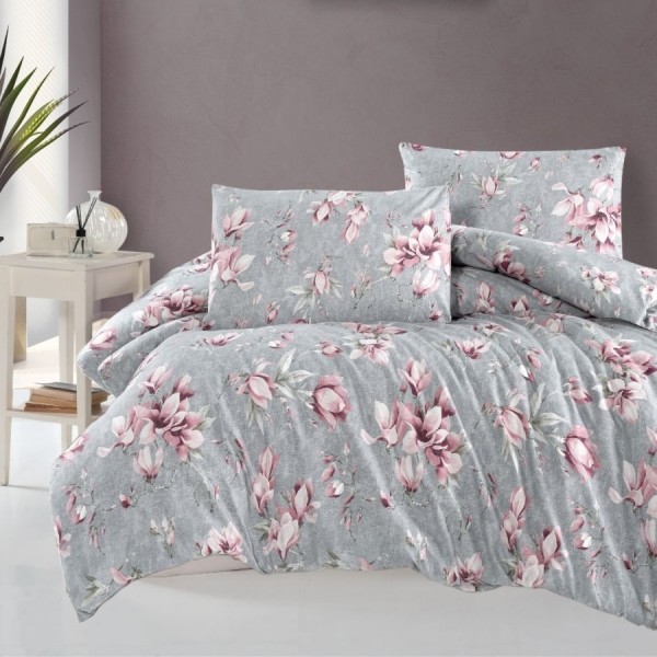 Lenjerie pat dublu bumbac 100% ranforce Marea Powder cu magnolii roz pe fundal gri