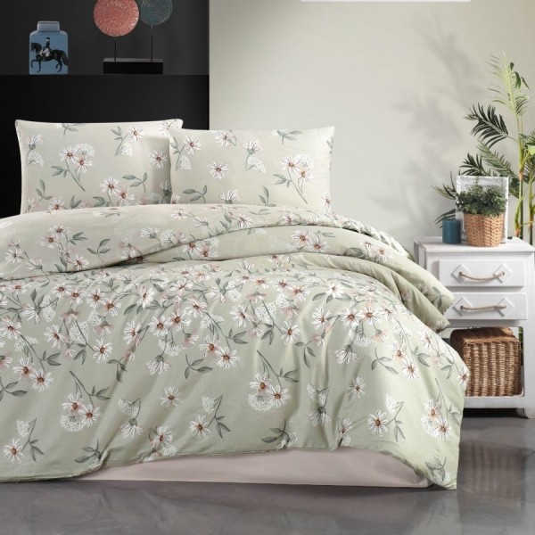 Lenjerie pat dublu bumbac 100% ranforce Nevada verde cu imprimeu floral alb/roz