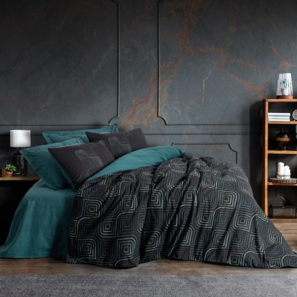 Lenjerie pat dublu Cotton Box Noche Petrol din bumbac 100% ranforce cu model geometric modern