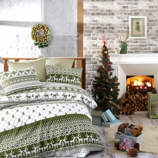 Lenjerie de pat dublu de Crăciun bumbac 100% ranforce verde și alb cu motive de reni și fulgi de zăpadă - Nazenin Home Winter Green