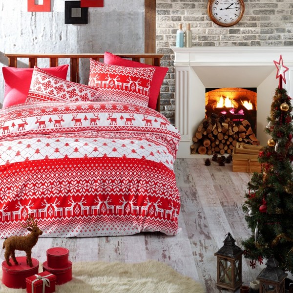 Lenjerie de pat dublu de Crăciun bumbac 100% ranforce roșu și alb cu motive de reni și fulgi de zăpadă - Nazenin Home Winter Red