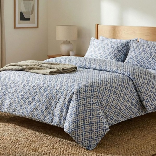 Lenjerie de pat dublu din bumbac 100% creponata 6 piese, model geometric modern albastru