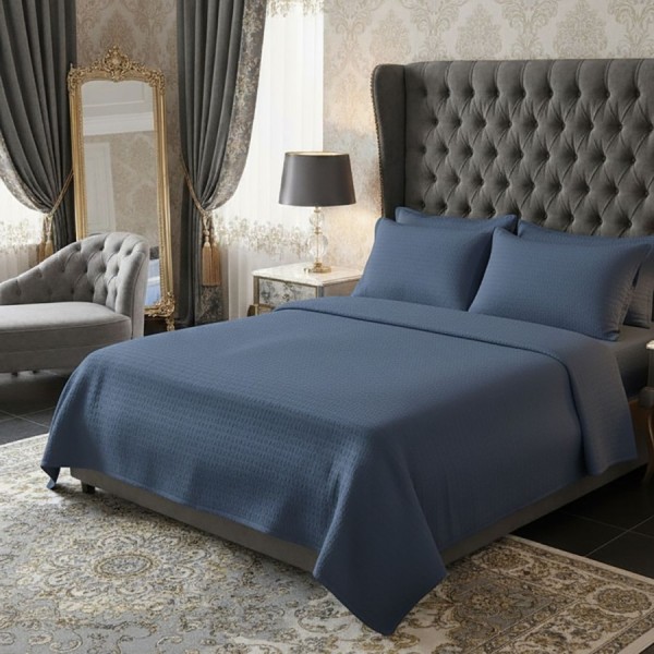 Lenjerie de pat dublu albastra din bumbac 100% creponata cu cearceaf pilota 180x220cm