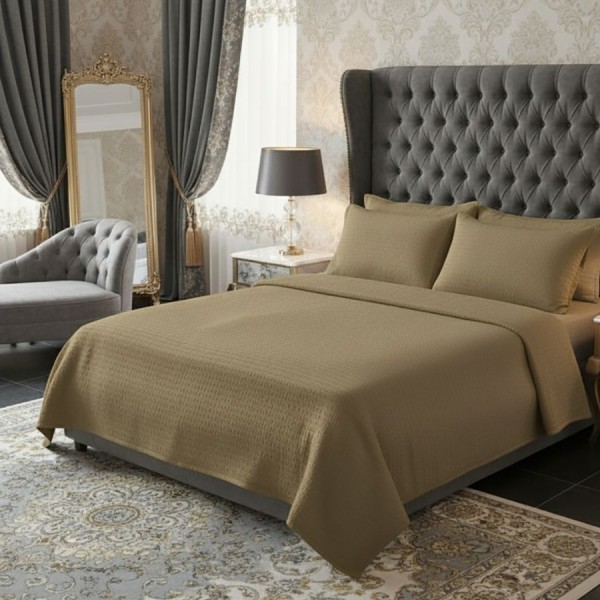 Lenjerie de pat dublu bej nisipiu din bumbac 100% creponata cu cearceaf pilota 180x220cm