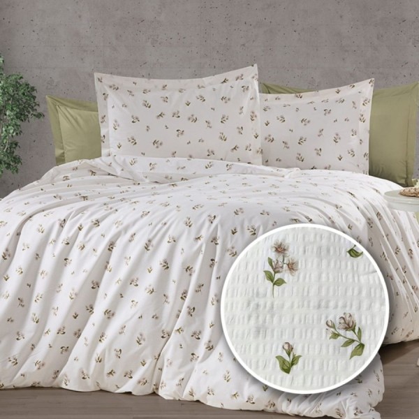 Lenjerie de pat dublu din bumbac 100% creponata cu cearceaf pilota 180x220cm, Floral bej