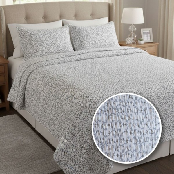 Lenjerie de pat dublu din bumbac 100% creponata cu cearceaf pilota 180x220cm, Ramuri gri