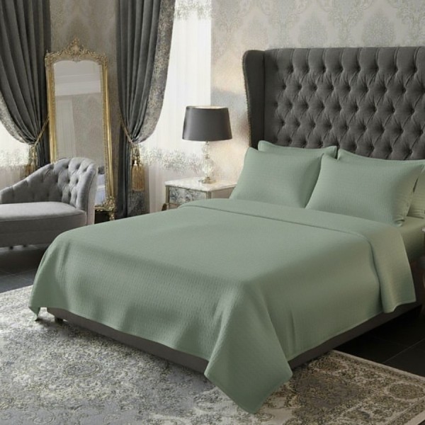 Lenjerie de pat dublu verde din bumbac 100% creponata cu cearceaf pilota 180x220cm
