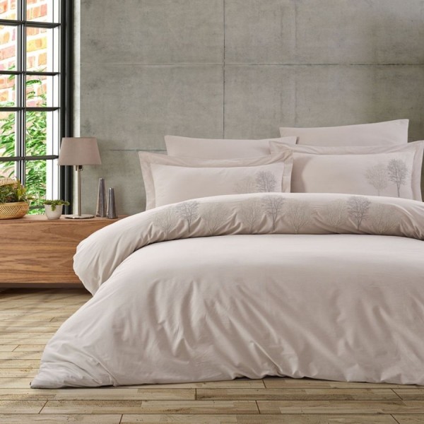 Lenjerie pat dublu cu broderie Hazan bej bumbac 100% ranforce prespalat Bahar Tekstil