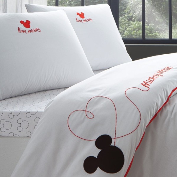 Set lenjerie de pat alb și roșu cu Mickey Mouse, bumbac 100% Ranforce, cu broderie și aplicații
