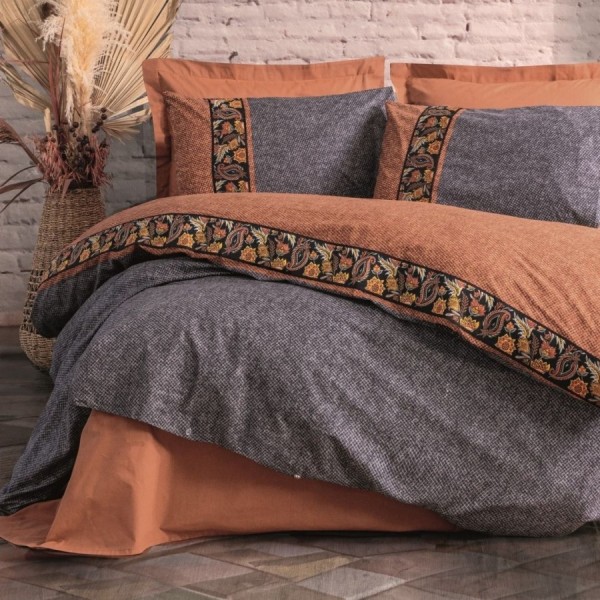 Lenjerie pat dublu cu broderie inspirata din arta populara, bumbac 100% ranforce, Folk Art, Dalila Cinnamon