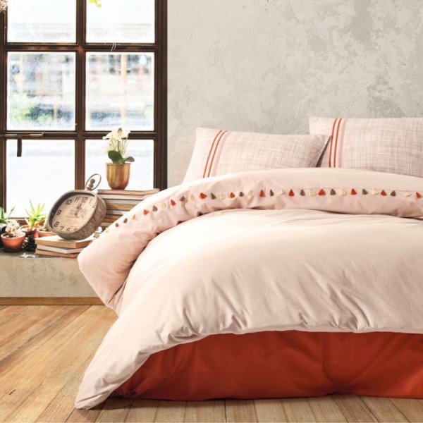 Lenjerie pat dublu cu ciucuri bumbac 100 ranforce Cotton Box Merri Beige bej elegant, model cu dungi