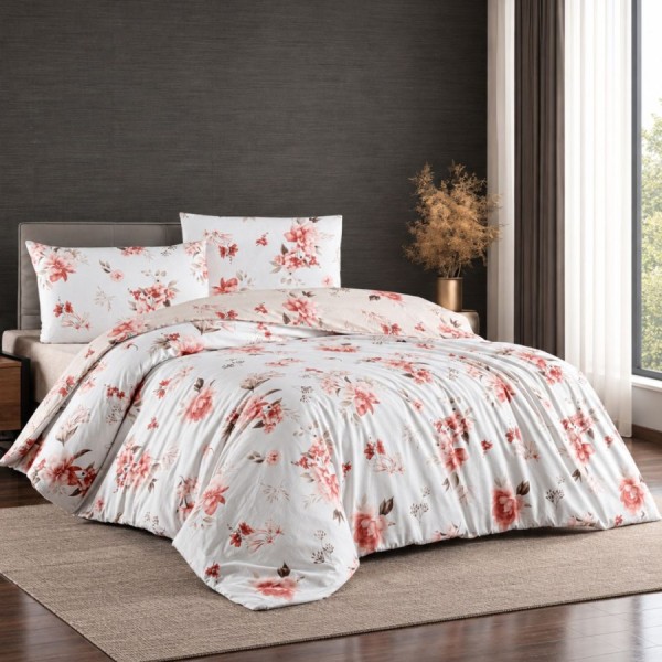 Lenjerie pat Eliza Mink First Choice din bumbac ranforce cu elastic si imprimeu floral roz corai pe fundal alb