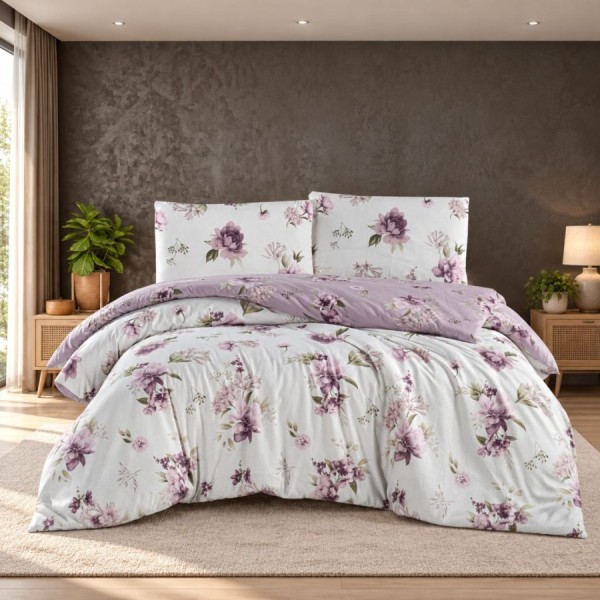 Lenjerie pat Eliza Violet First Choice bumbac 100% ranforce cu flori lila si violet pe fundal alb